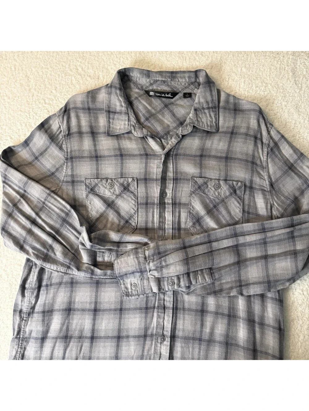 TravisMathew Gray Plaid Button Front Shirt Large Rayon Cotton Lightweight